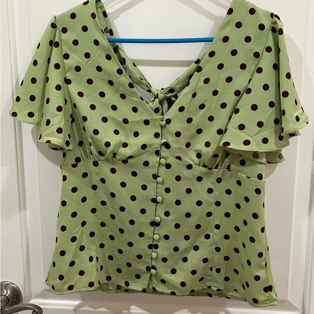 Unique Vintage Green Flutter Sleeve Blouse with Tie Back